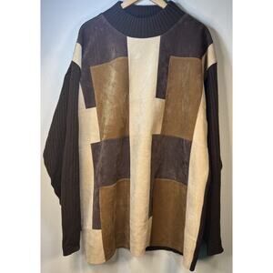 Koman Sport Mens Color Block Sweater Beige Brown Faux Suede Patchwork XL vintage